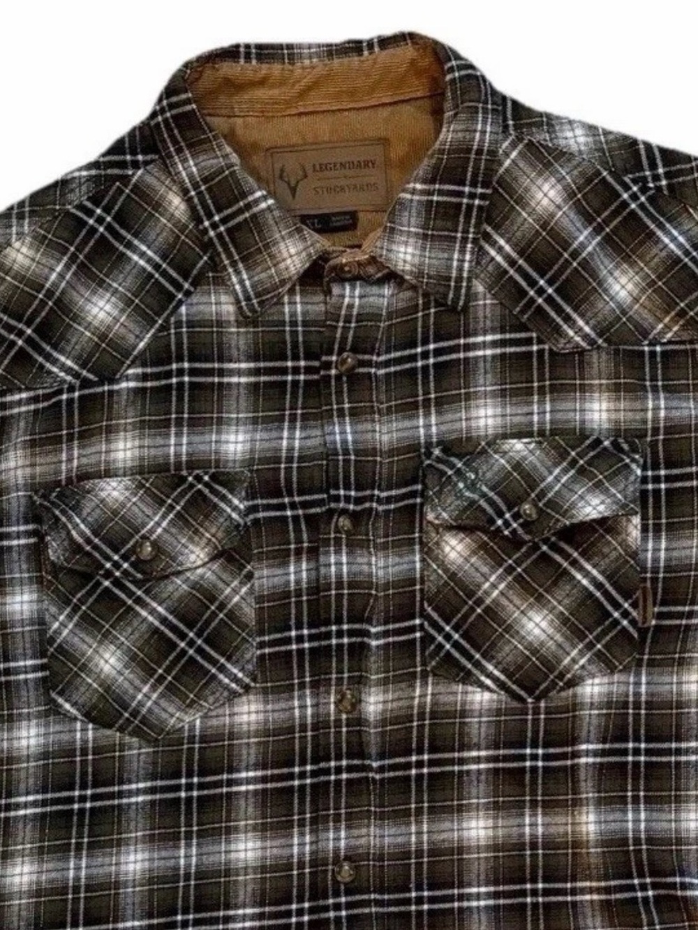 Legendary Stockyards Flannel Shirt XL Brown Plaid Western Snap Button